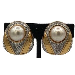 Vintage Swarovski clip on earrings SAL signed gold tone faux pearl & rhinstones